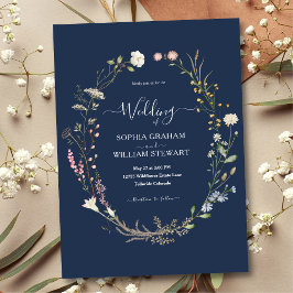 Navy Watercolor Wildblomme Theme Boho Bröllop Inbjudningar