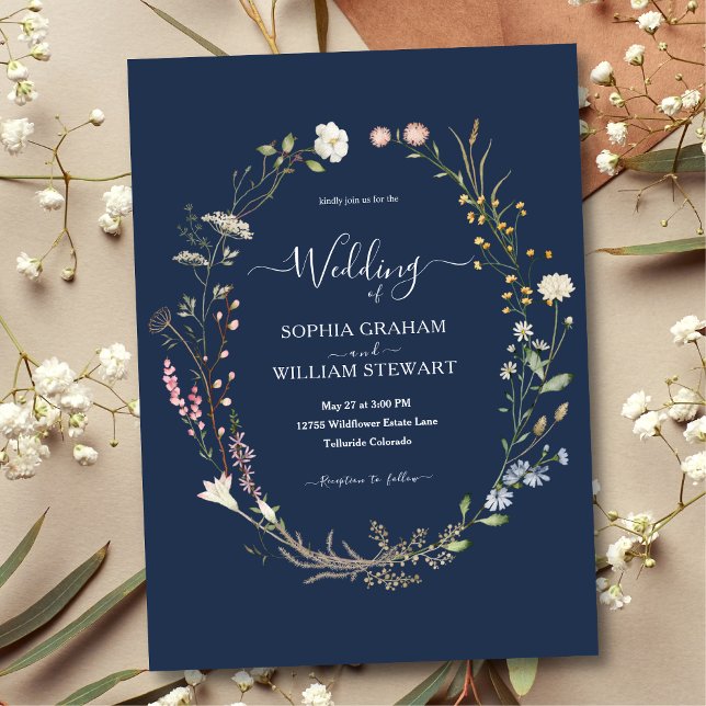 Navy Watercolor Wildblomme Theme Boho Bröllop Inbjudningar (Skapare uppladdad)