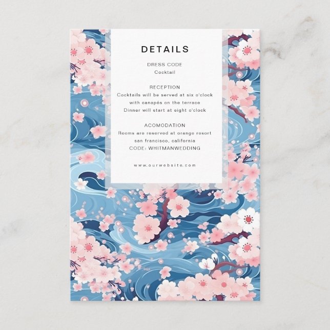 Navy Waves Sakura Blossom Modern Wedding Details Tilläggskort (Framsida)