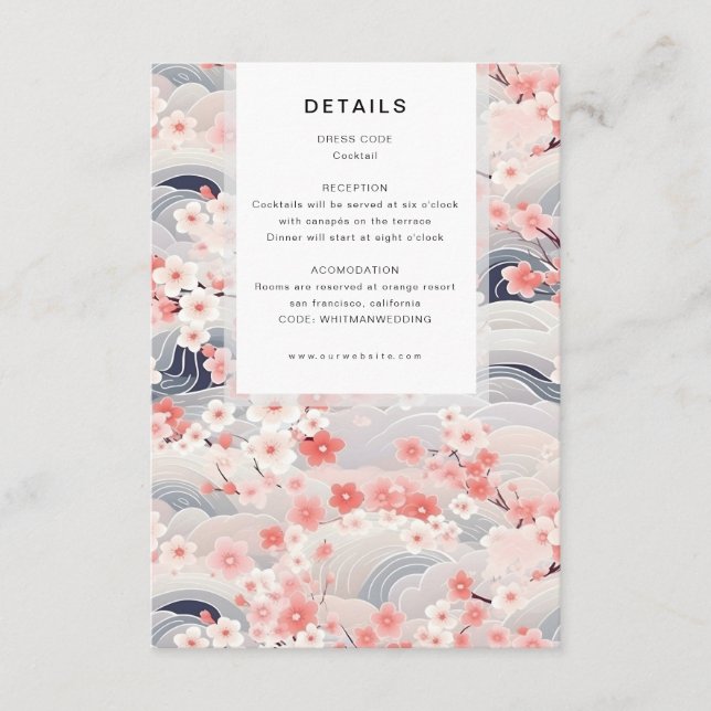 Navy Waves Sakura Blossom Modern Wedding Details Tilläggskort (Framsida)