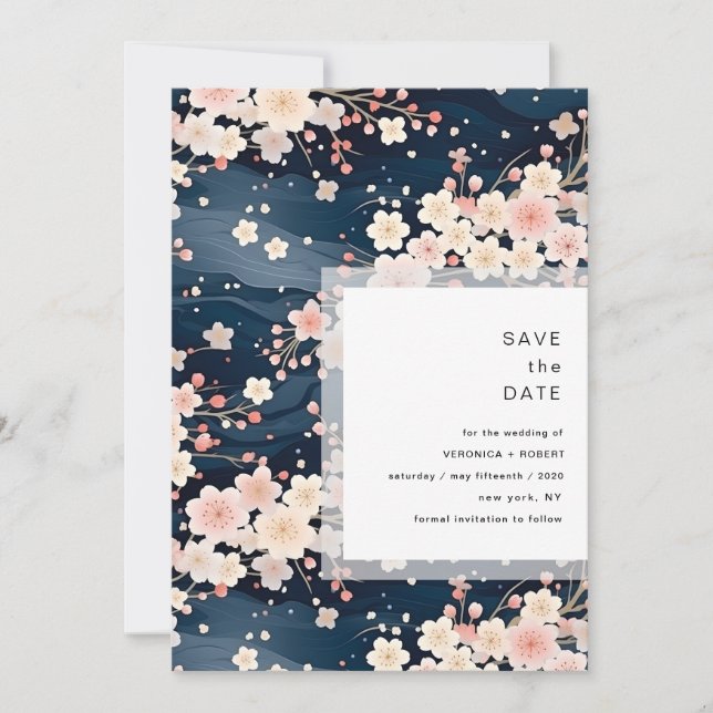 Navy Waves Sakura Blossom Modern Wedding Spara Datumet (Framsida)