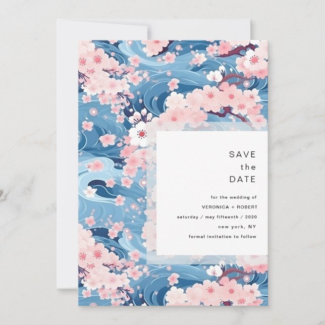 Navy Waves Sakura Blossom Modern Wedding Spara Datumet (Framsida)
