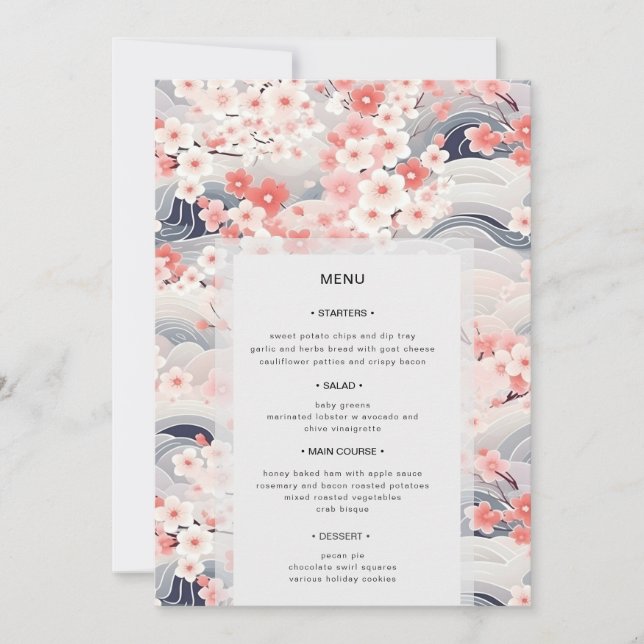 Navy Waves Sakura Floral Modern Wedding Menu Inbjudningar (Framsida)