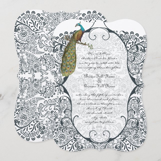 Navy Whimsical Påfågel Love Bird Mönster Bröllop Inbjudningar (Fram/baksida)