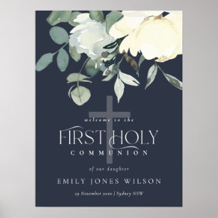 NAVY WHITE BLOMMIGT FÖRSTA HELIGAN VÄLKOMMEN POSTER