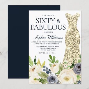 Navy & White Blommigt Guld Dress 60:e Födelsedagsf Inbjudningar