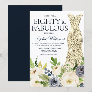 Navy & White Blommigt Guld Dress 80:e Födelsedagsf Inbjudningar