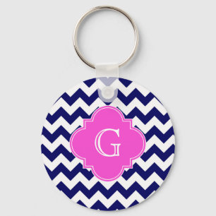 Navy White Chevron Shock rosa Quatrefoil Monogram Nyckelring