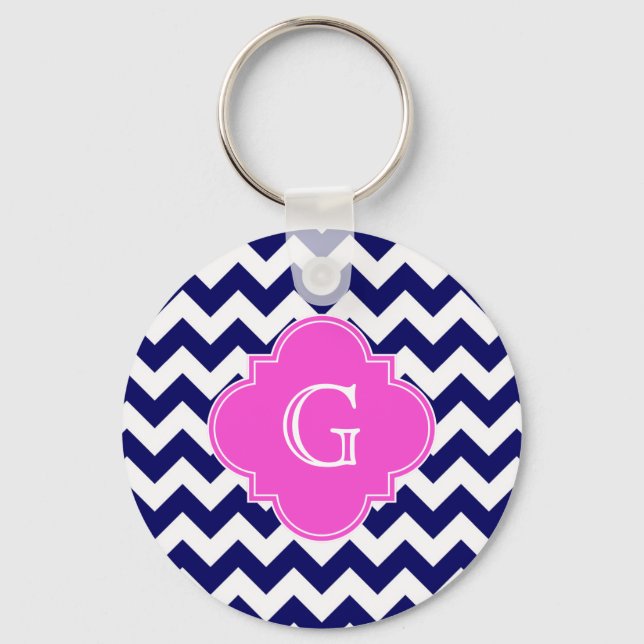 Navy White Chevron Shock rosa Quatrefoil Monogram Nyckelring (Framsida)