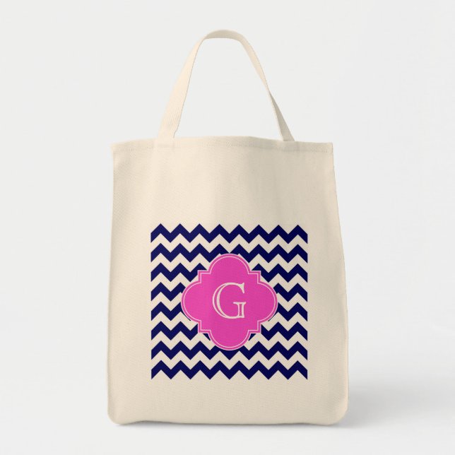 Navy White Chevron Shock rosa Quatrefoil Monogram Tygkasse (Framsidan)
