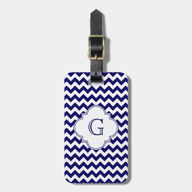 Navy White Chevron White Quatrefoil Monogram Bagagebricka (Vertikal Framsida)
