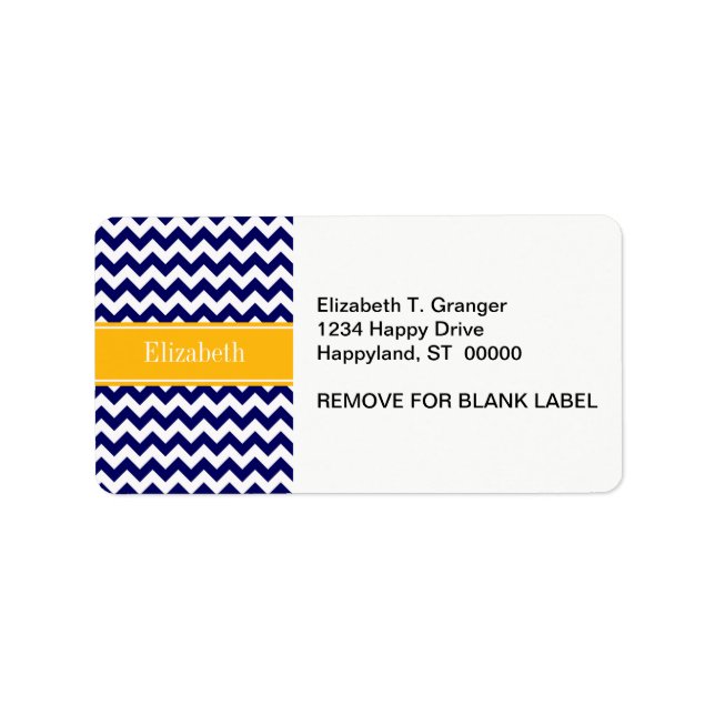 Navy White Chevron ZigZag Goldenrod Namn Monogram Adressetikett (Framsidan)