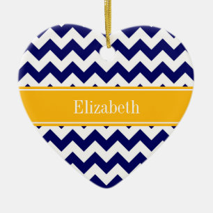 Navy White Chevron ZigZag Goldenrod Namn Monogram Julgransprydnad Keramik