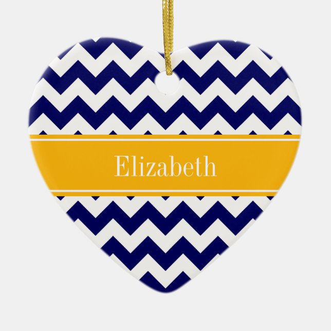 Navy White Chevron ZigZag Goldenrod Namn Monogram Julgransprydnad Keramik (Framsidan)