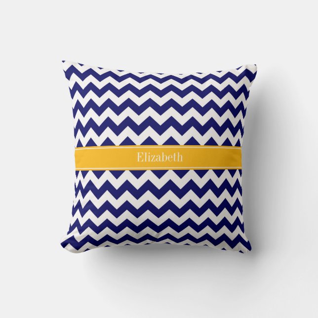 Navy White Chevron ZigZag Goldenrod Namn Monogram Kudde (Framsida)