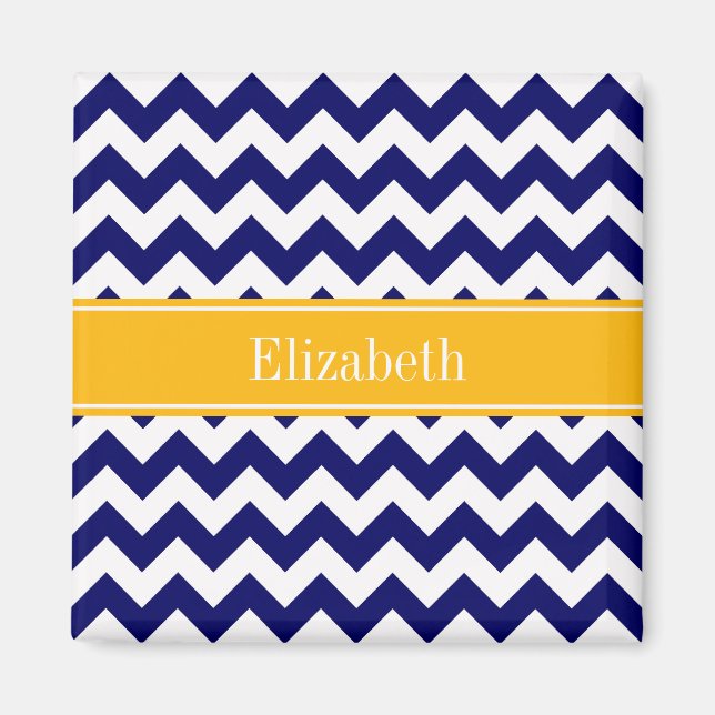 Navy White Chevron ZigZag Goldenrod Namn Monogram Magnet (Framsidan)