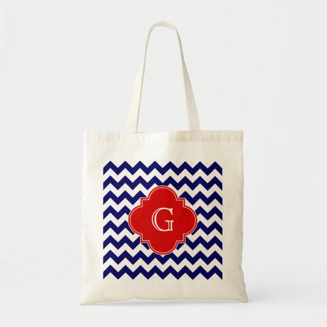 Navy White Chevron ZigZag Red Quatrefoil Monogram Tygkasse (Framsidan)