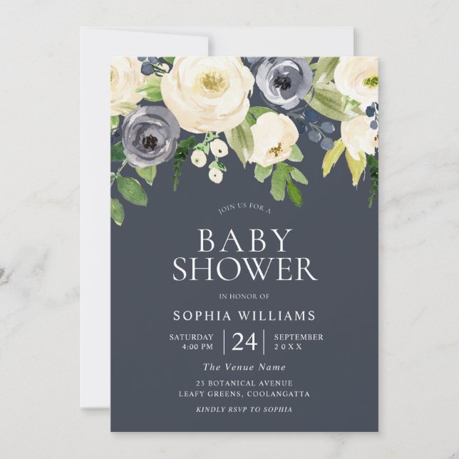 Navy & White Flowers Girl Boy Modern Baby Shower Inbjudningar (Framsida)