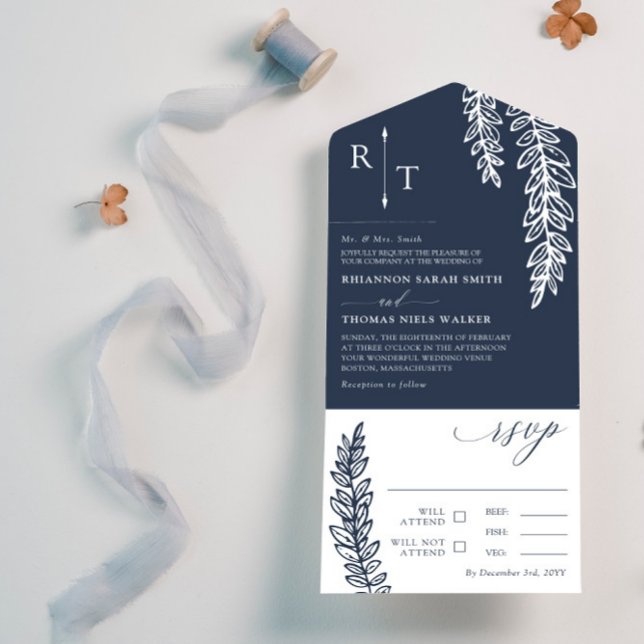 Navy White Greenery Monogrammed Bröllop (Skapare uppladdad)