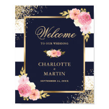 Navy White Guld Rosa Blommigt Bröllop Välkomstskyl