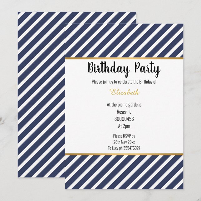 NAVY WHITE GULD STRIPED PATTERNED BIRTHDAY INBJUDNINGAR (Fram/baksida)