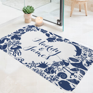 Navy & White Havsdjur Par Hjärtmonogram Badrumsmatta