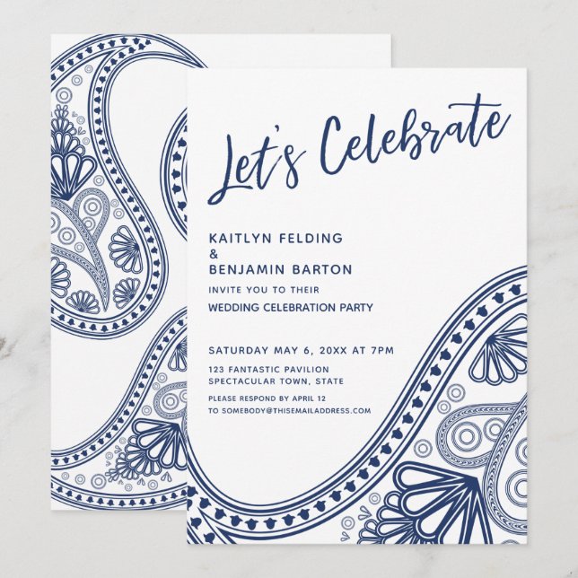 Navy White Let's Celebrate Paisley Endast för mott Inbjudningar (Fram/baksida)