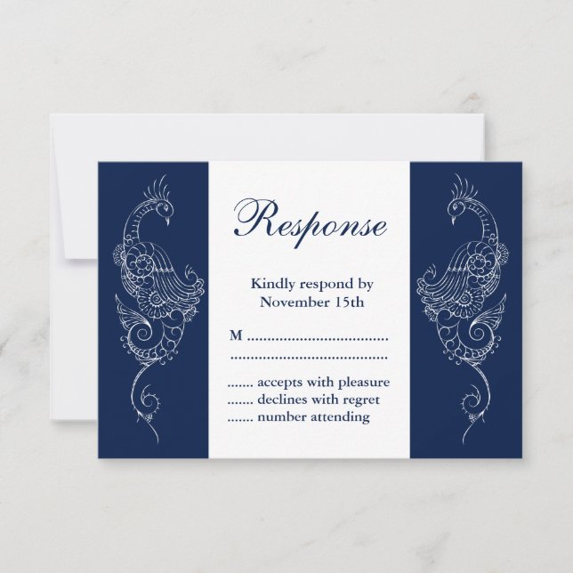 Navy & White Mehndi Peacock Bröllop OSA Kort (Framsida)