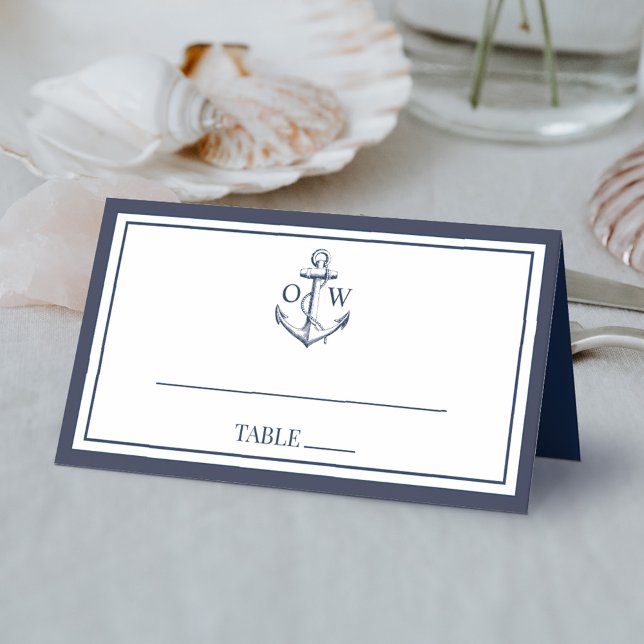 Navy White Nautical Anchor Monogram Bröllop Placeringskort (Skapare uppladdad)