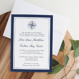 Navy & White Nautical Compass Bröllop Inbjudningar