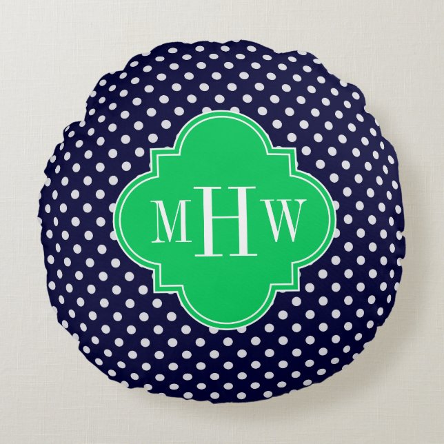 Navy White Polka Dot Emerald Quatrefoil 3 Monogram Rund Kudde (Framsidan)