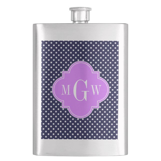 Navy White Polka dots Lilac Quatrefoil 3 Monogram Fickplunta (Framsidan)