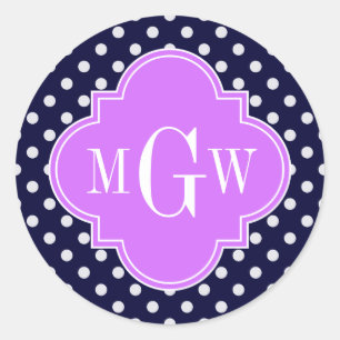 Navy White Polka dots Lilac Quatrefoil 3 Monogram Runt Klistermärke