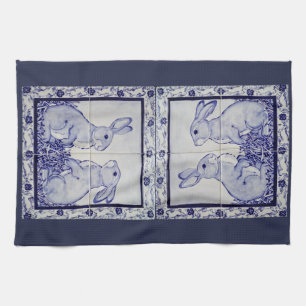 Navy White Rabbit Tile Kitchen Towel Dedham Blue Kökshandduk