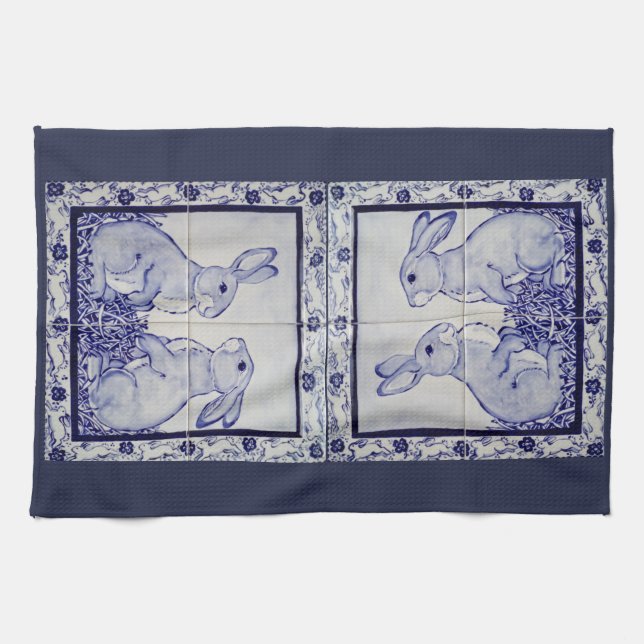 Navy White Rabbit Tile Kitchen Towel Dedham Blue Kökshandduk (Horisontell)