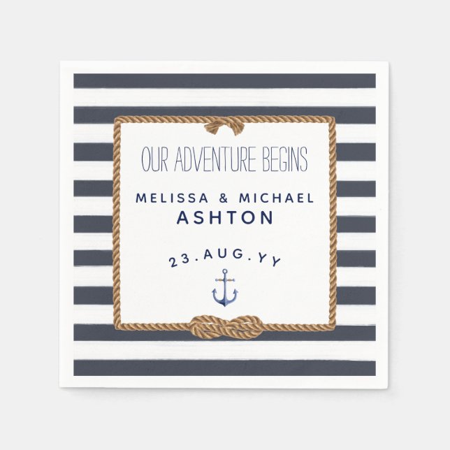 Navy & White Stripe Marin Knut Oändlighet Bröllop Pappersservett (Framsidan)
