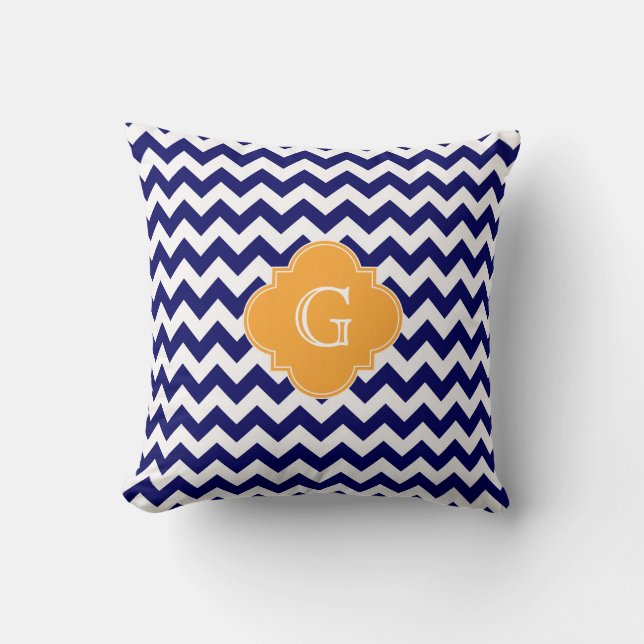 Navy Wht Chevron Cantaloupe Fyrklöver Monogram Kudde (Framsida)