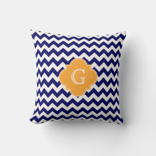 Navy Wht Chevron Cantaloupe Fyrklöver Monogram Kudde