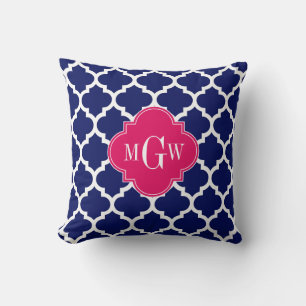 Navy Wht Marockansk #5 Hallon 3 Initialer Monogram Kudde