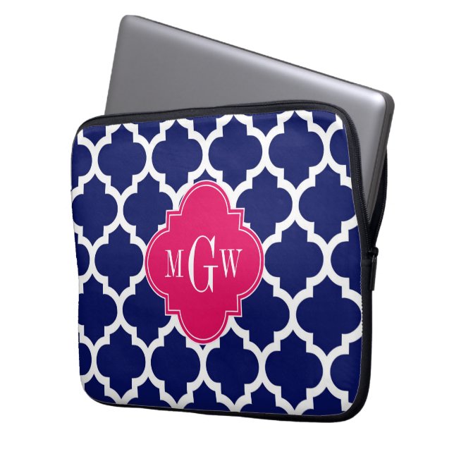 Navy Wht Marockansk #5 Hallon 3 Initialer Monogram Laptop Fodral (Framsidan Vänster)