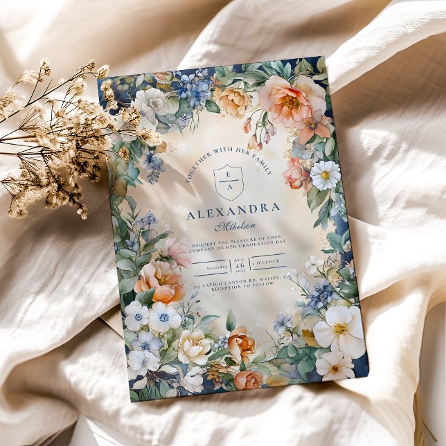 Navy Wildblomme Meadow Garden Studenten Inbjudningar (Skapare uppladdad)