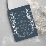 Navy WildblomSilhouette Wandeans Bröllop Meny<br><div class="desc">Den här elegant bröllop-menyn har vilda blommor silhouette som en andedräkt och initialer på baksidan. Om du vill ha en mer avancerad anpassning av den här designen klickar du på BLUE DESIGN VERKTYG ovan! Matchande objekt är också tillgängliga.</div>