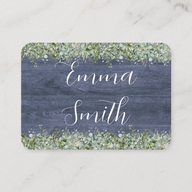 Navy Wood Eucalyptus Wedding Place Cards | Rustic Placeringskort (Framsida)