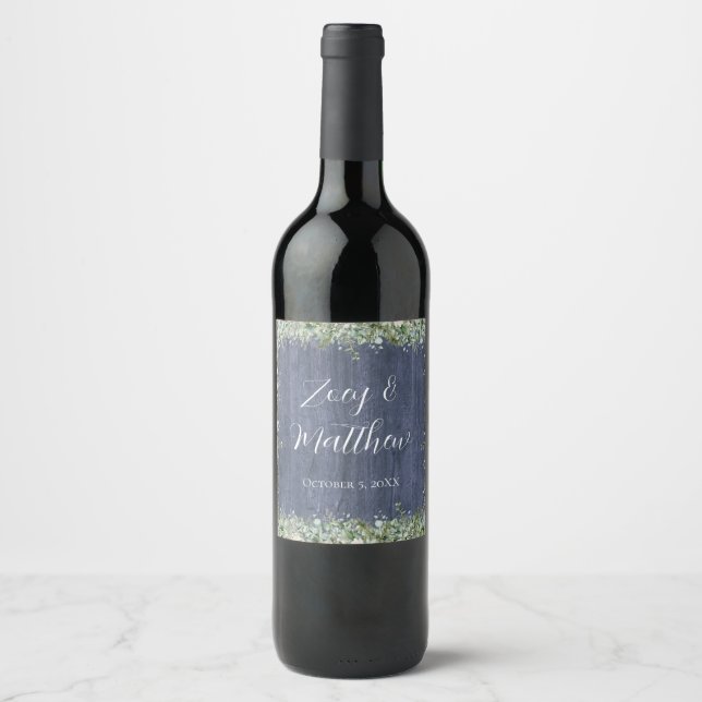 Navy Wood Eucalyptus Wedding Wine Label | Rustic Vinflaska Etikett (Framsida)