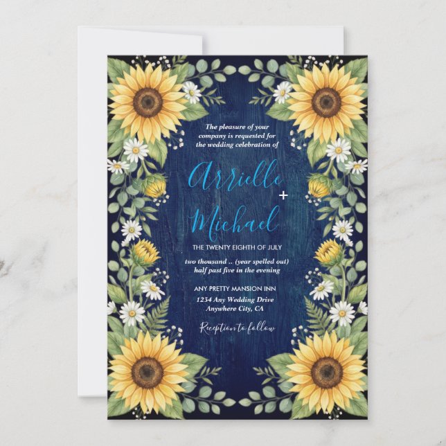 Navy Wood Sunflower Wedding Invitation Rustic Inbjudningar (Framsida)