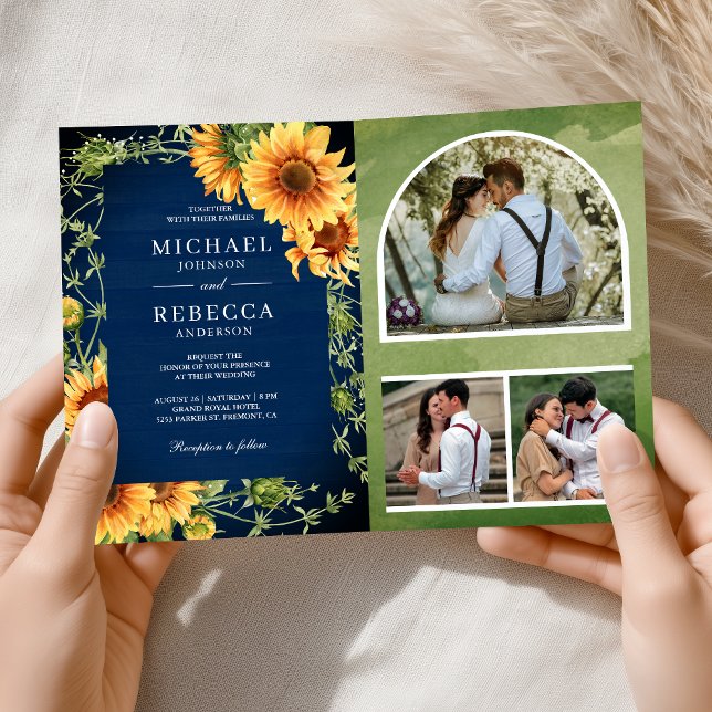 Navy Wood Sunflowers Photo Arch QR Code Wedding Inbjudan (Skapare uppladdad)