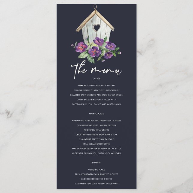 NAVY WOODEN RUSTIC BLOMMIGT BIRDHOUSE BRÖLLOP MENY (Framsida)