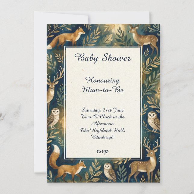Navy Woodland Fox Bebis Shower Inbjudan (Framsida)