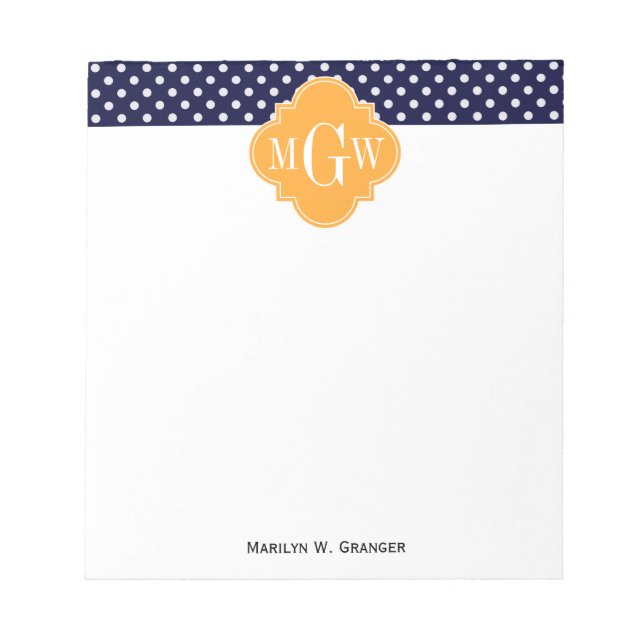 Navy Wt Polka Dot Cantaloupe Quatrefoil 3 Monogram Anteckningsblock (Framsida)