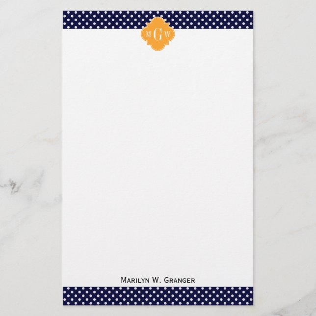 Navy Wt Polka Dot Cantaloupe Quatrefoil 3 Monogram Brevpapper (Framsida)